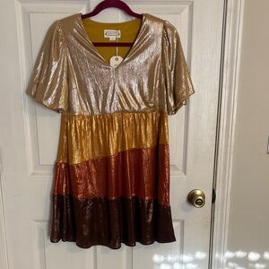 Love Riche Shimmering Gold and Brown Puff Sleeve Tiered Dress Small New